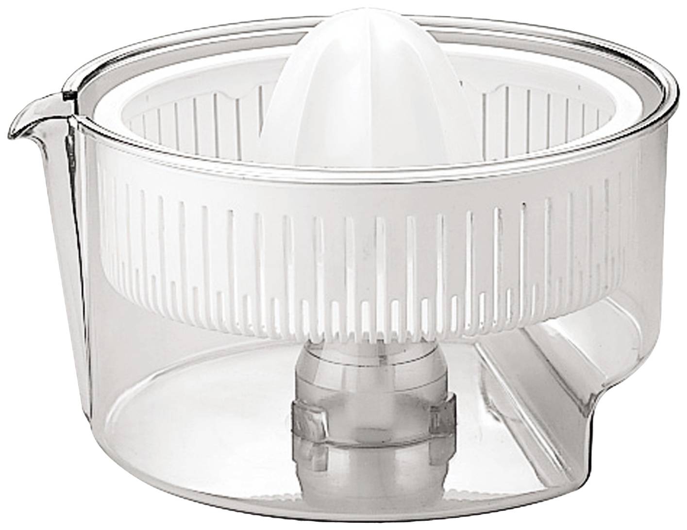 Presse-agrumes en plastique transparent à rainures et cône central de pression.