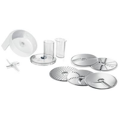 Pièces détachées d'un set d'accessoires de robot de cuisine, composé de plusieurs disques de coupe en acier inoxydable, d'un fouet et d'un récipient doseur transparent.