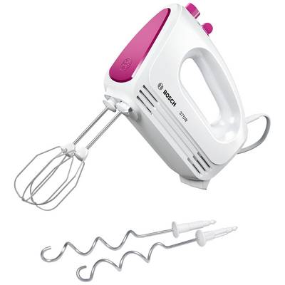 Un batteur électrique Bosch de 375 W en blanc et rose. Présenté avec deux fouets et deux crochets pétrisseurs, idéal pour mixer et pétrir.