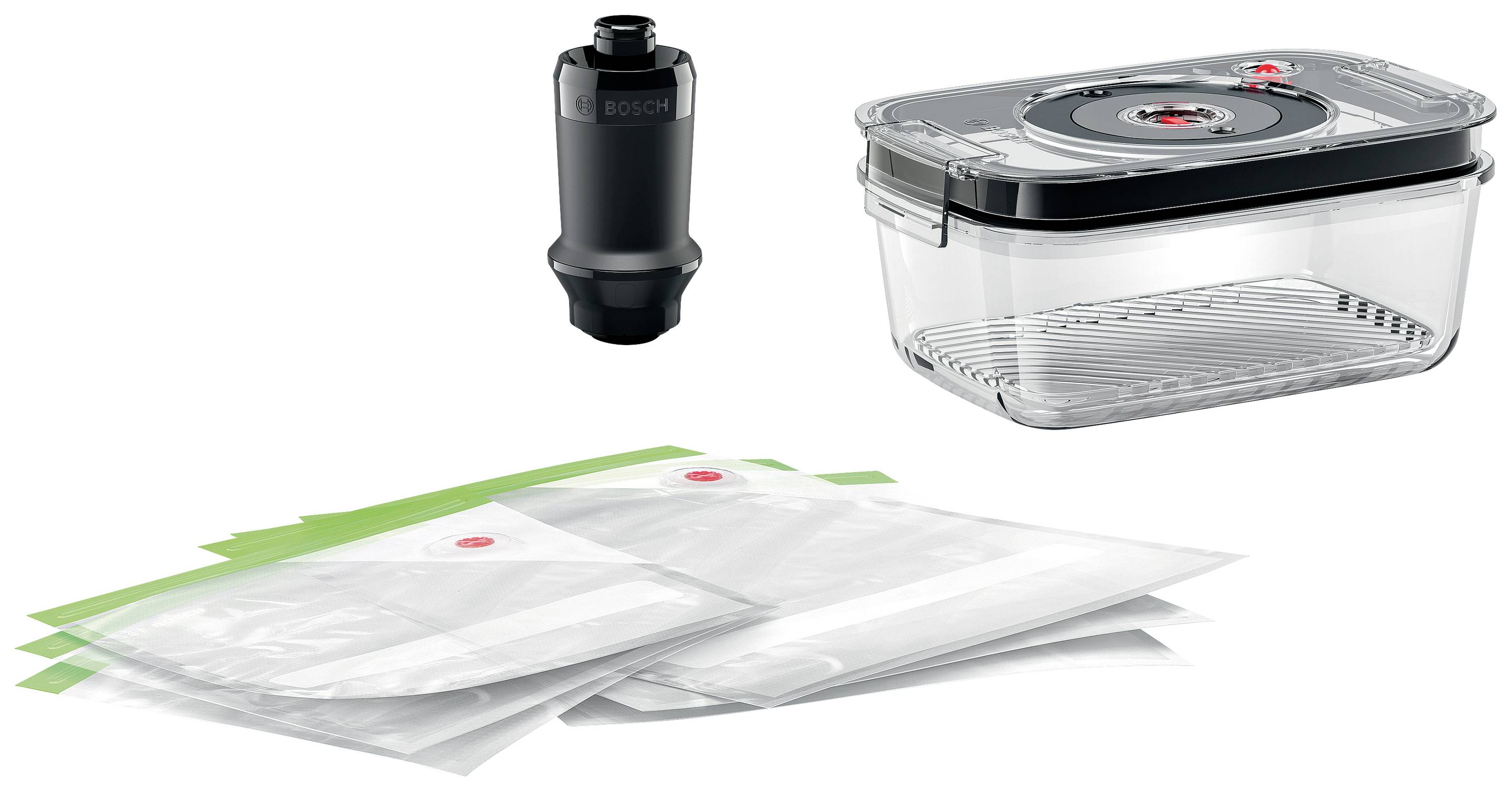 Ensemble d'accessoires de mise sous vide comprenant un récipient hermétique transparent, un embout de pompe noir et plusieurs sachets de mise sous vide. Idéal pour la conservation des aliments.