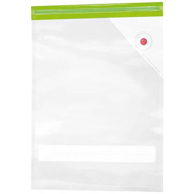 Un sachet sous vide avec une fermeture à glissière verte, un côté avant transparent et une zone d'étiquetage blanche pour l'écriture.