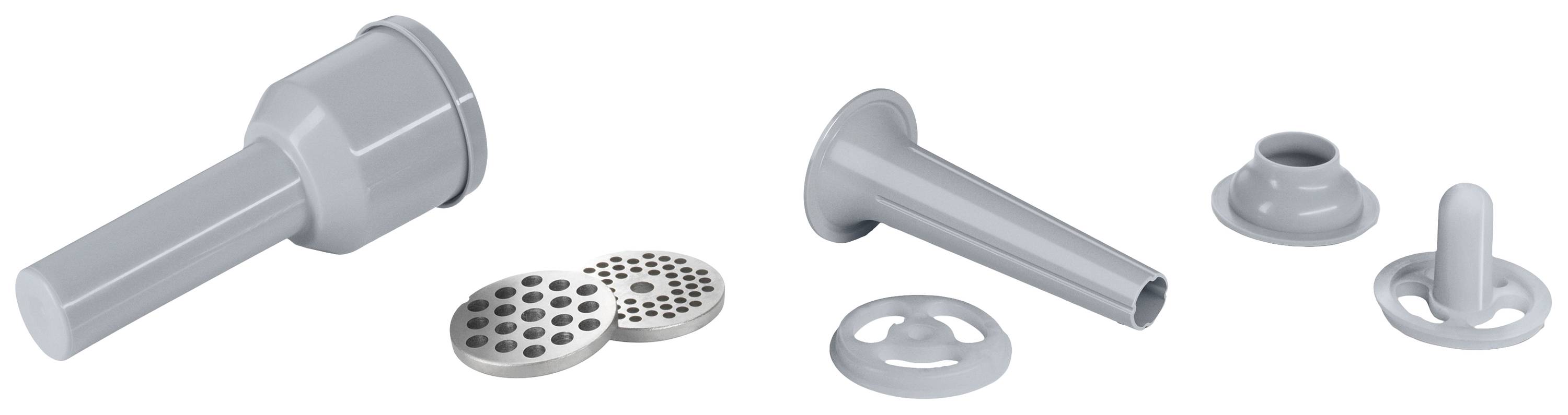 Plusieurs pièces en plastique gris d'un hachoir à viande : deux tubes d'alimentation, deux disques perforés, un anneau de fixation.