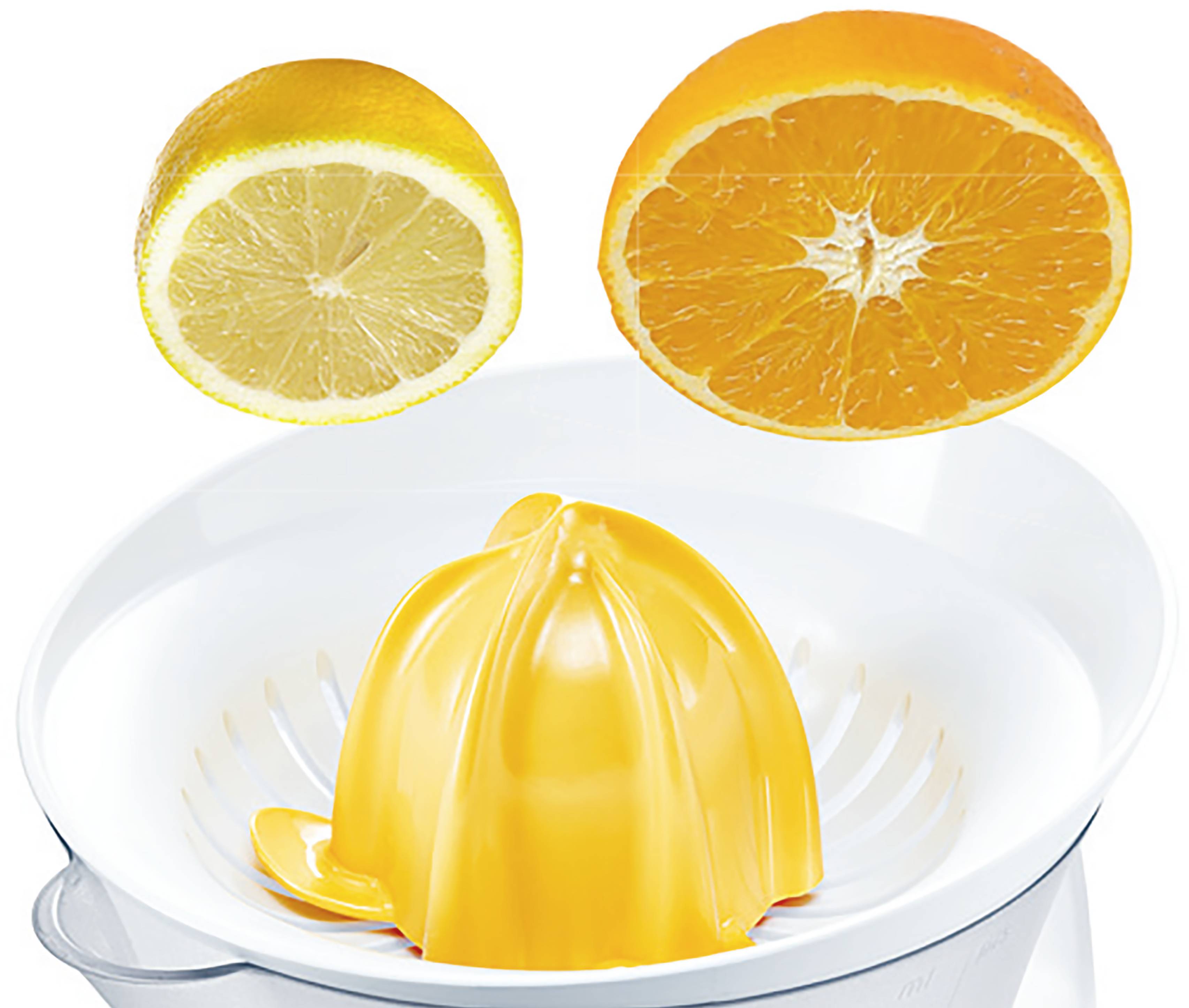 Une demi-citron et une demi-orange au-dessus d'un presse-agrumes jaune.