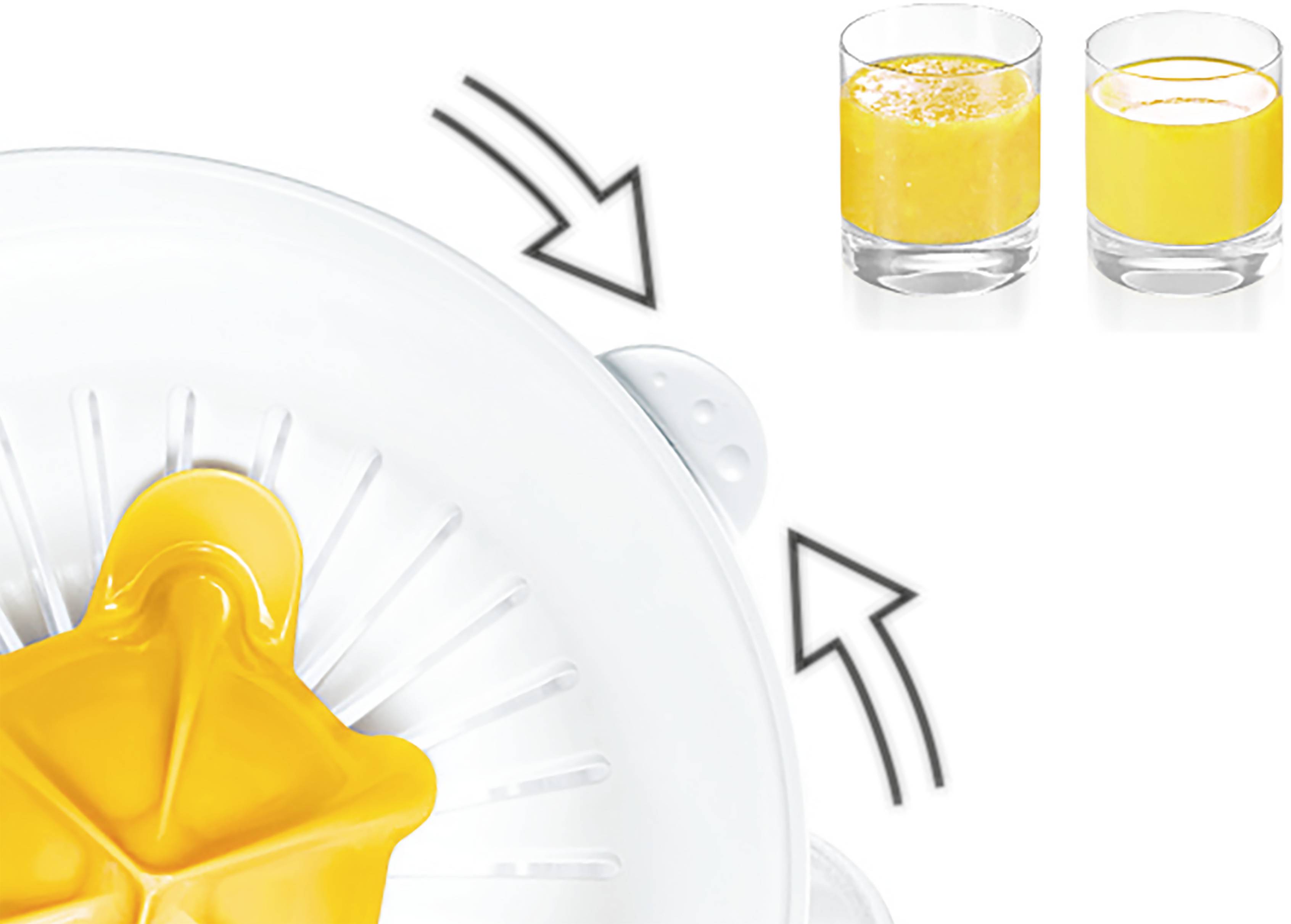 Partie d'un presse-fruits, des flèches indiquent deux verres remplis de jus frais de couleur jaune. À gauche, un dispositif mécanique d'extraction.