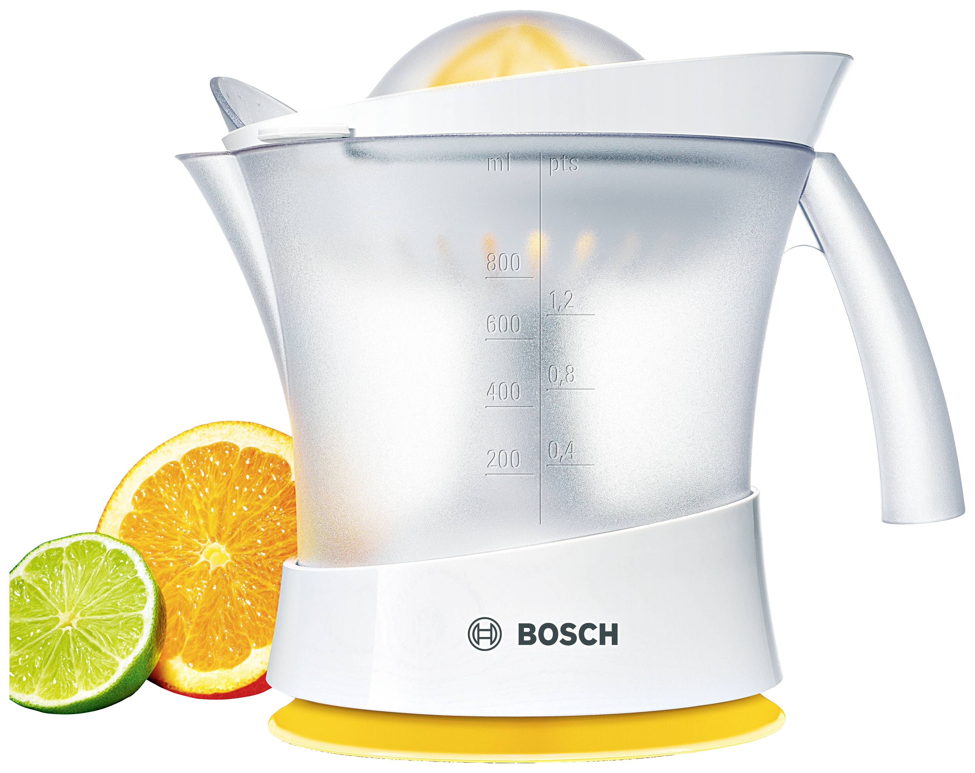 Presse-agrumes électrique avec arrêt goutte en blanc, à côté d'une demi-orange et d'une lime. Idéal pour presser facilement les agrumes.