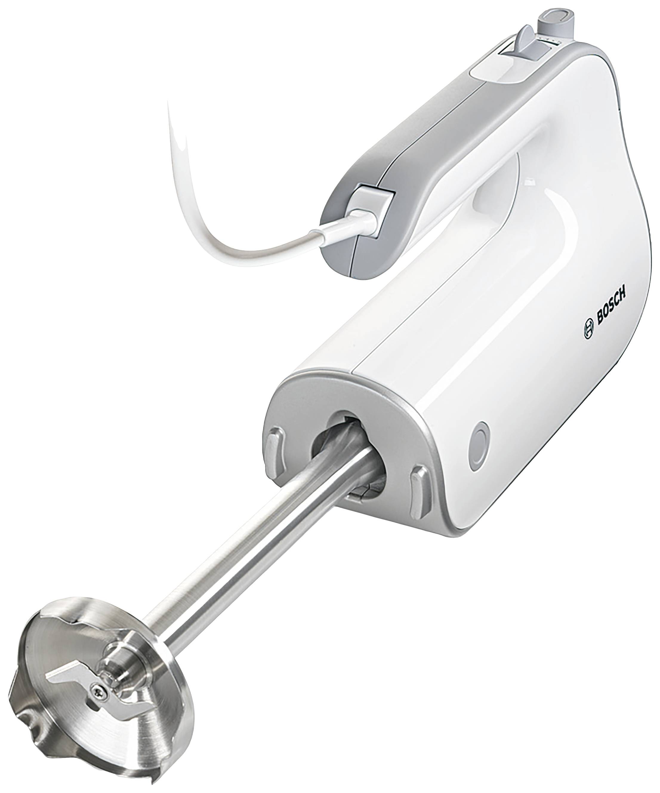 Un mixeur plongeant blanc de la marque Bosch avec câble et embout de mixage en acier inoxydable, adapté pour purée et mélanger des aliments.