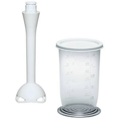 Un embout de mixeur blanc et un récipient doseur transparent avec couvercle. Le récipient comporte des graduations en millilitres.