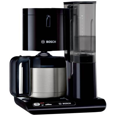 Machine à café Bosch noire avec carafe en verre et réservoir d'eau, adaptée pour douze tasses. Affichage et boutons de commande visibles à l'avant.