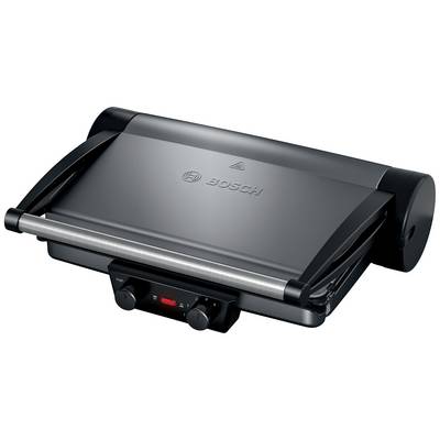 Un grill à contact électrique noir avec deux boutons de commande et un voyant de contrôle rouge sur la façade.