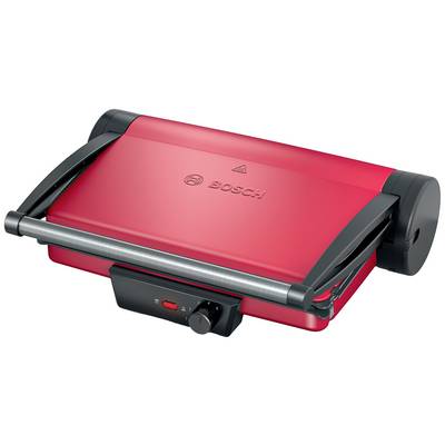 Un grill de contact rouge avec une poignée en métal et un bouton rotatif. Le logo Bosch est visible sur le couvercle.