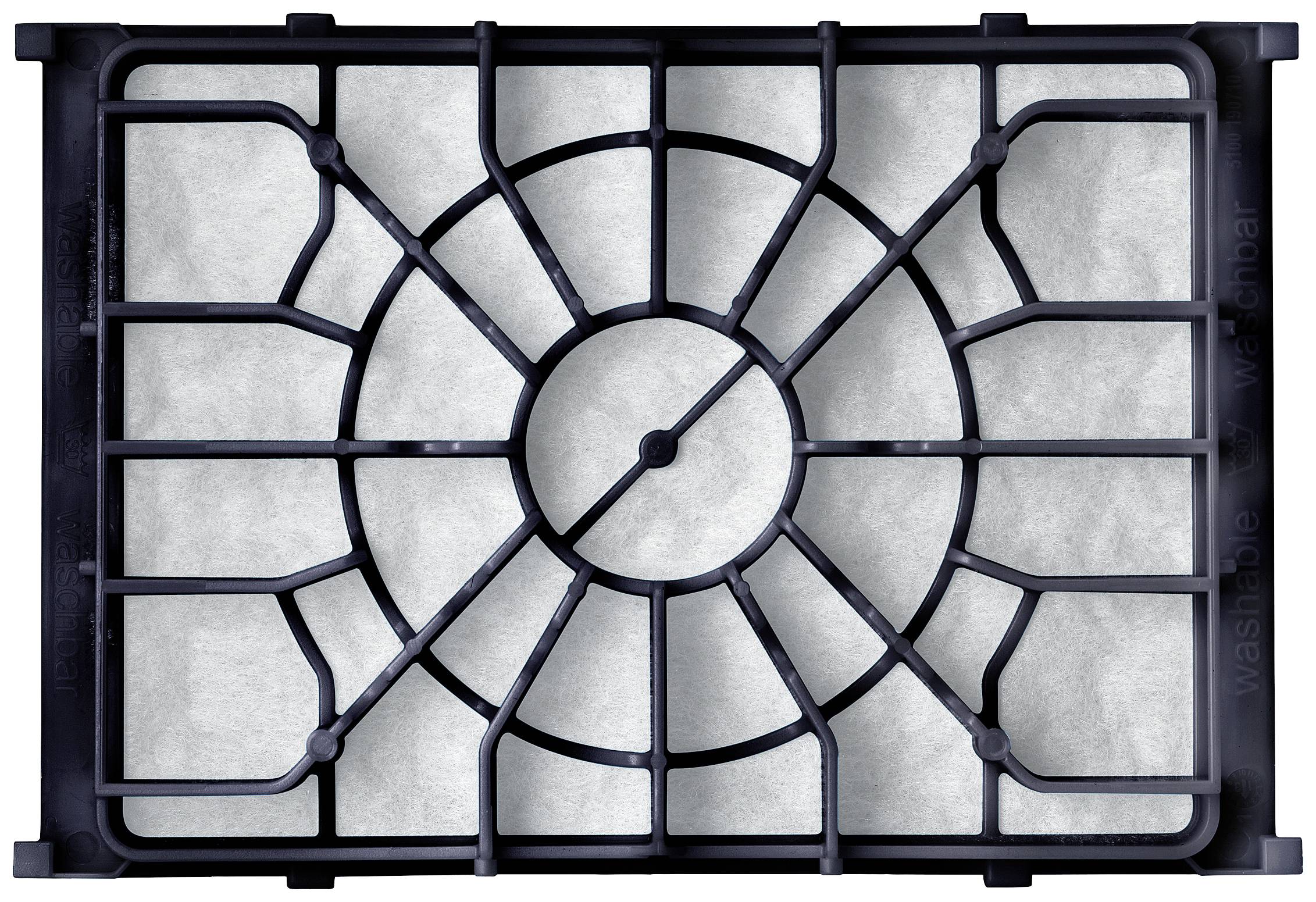 Une grille métallique noire de forme rectangulaire, avec un cercle au centre. Elle repose sur un fond gris et a un aspect industriel.