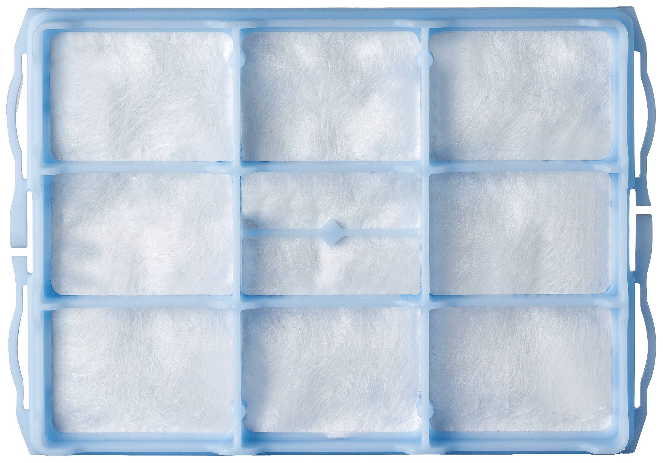 Un carton d'œufs bleu fermé avec neuf compartiments, chacun rempli de mousse blanche.