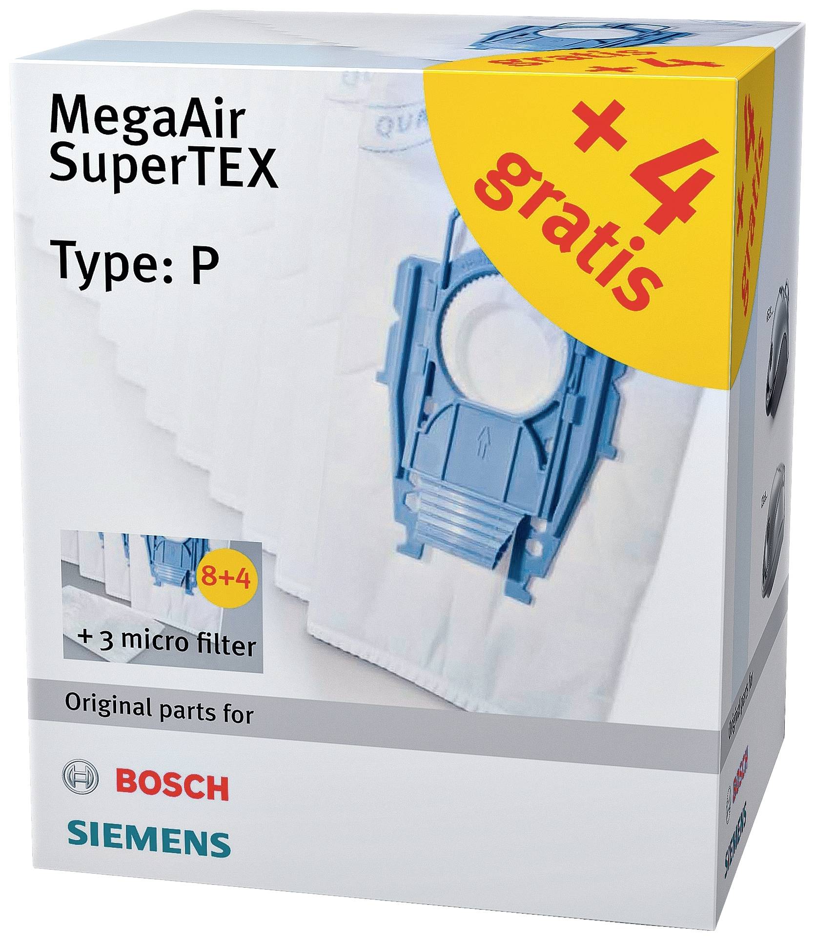 Boîte en carton portant l'inscription 'MegaAir SuperTEX Type : P'. Contient 8+4 sacs d'aspirateur gratuits et 3 microfiltres. Convient pour Bosch Siemens.