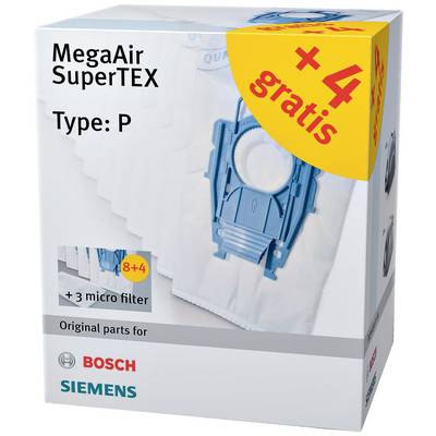 Boîte en carton portant l'inscription 'MegaAir SuperTEX Type : P'. Contient 8+4 sacs d'aspirateur gratuits et 3 microfiltres. Convient pour Bosch Siemens.