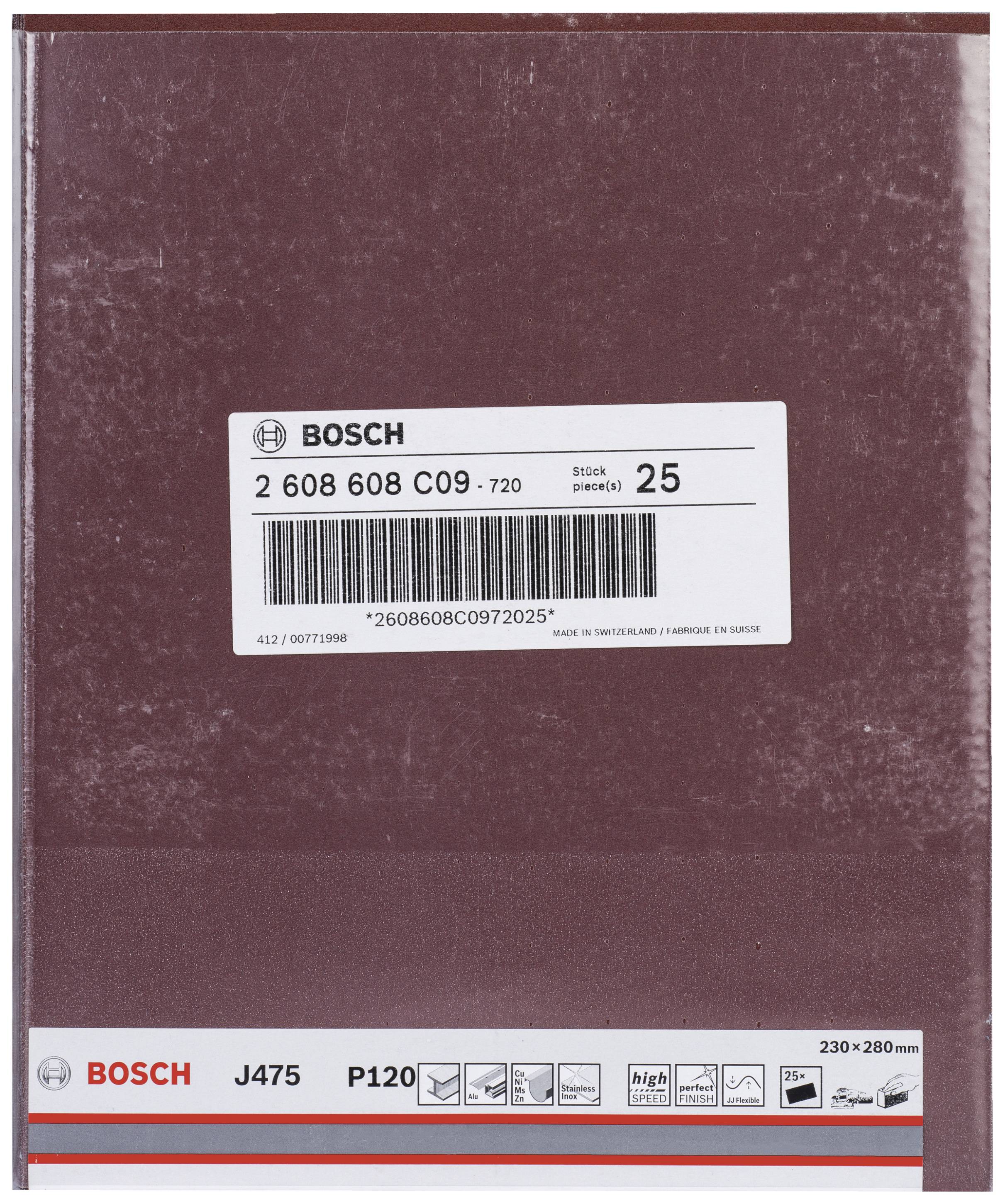 Feuille abrasive Bosch, type P120, dimension 230x280 mm, 25 feuilles, adapté au bois et au métal.