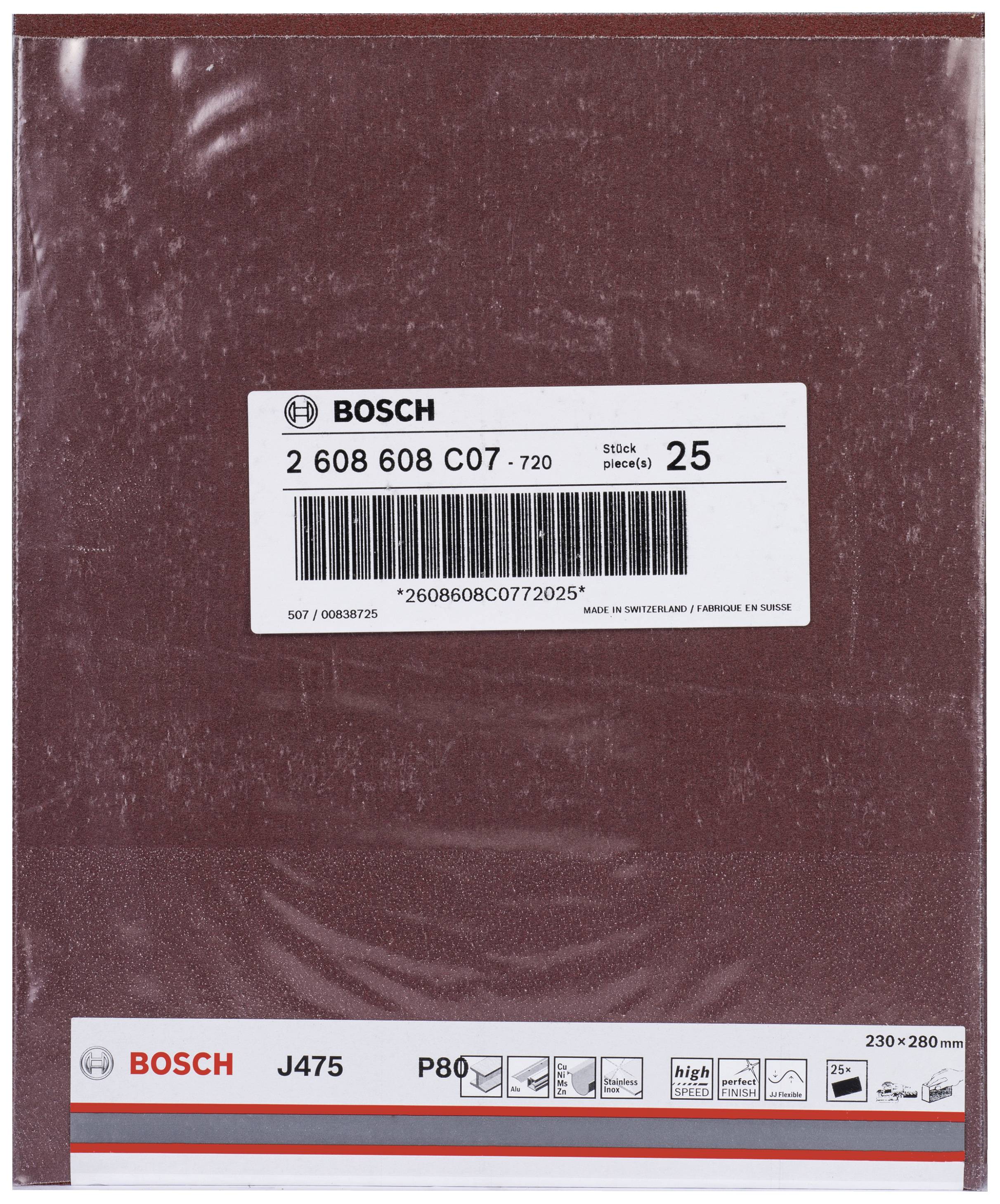 Une feuille de papier abrasif, marque Bosch, modèle J475, grain P80, dimensions 230 x 280 mm. L'étiquette affiche les détails de l'article.