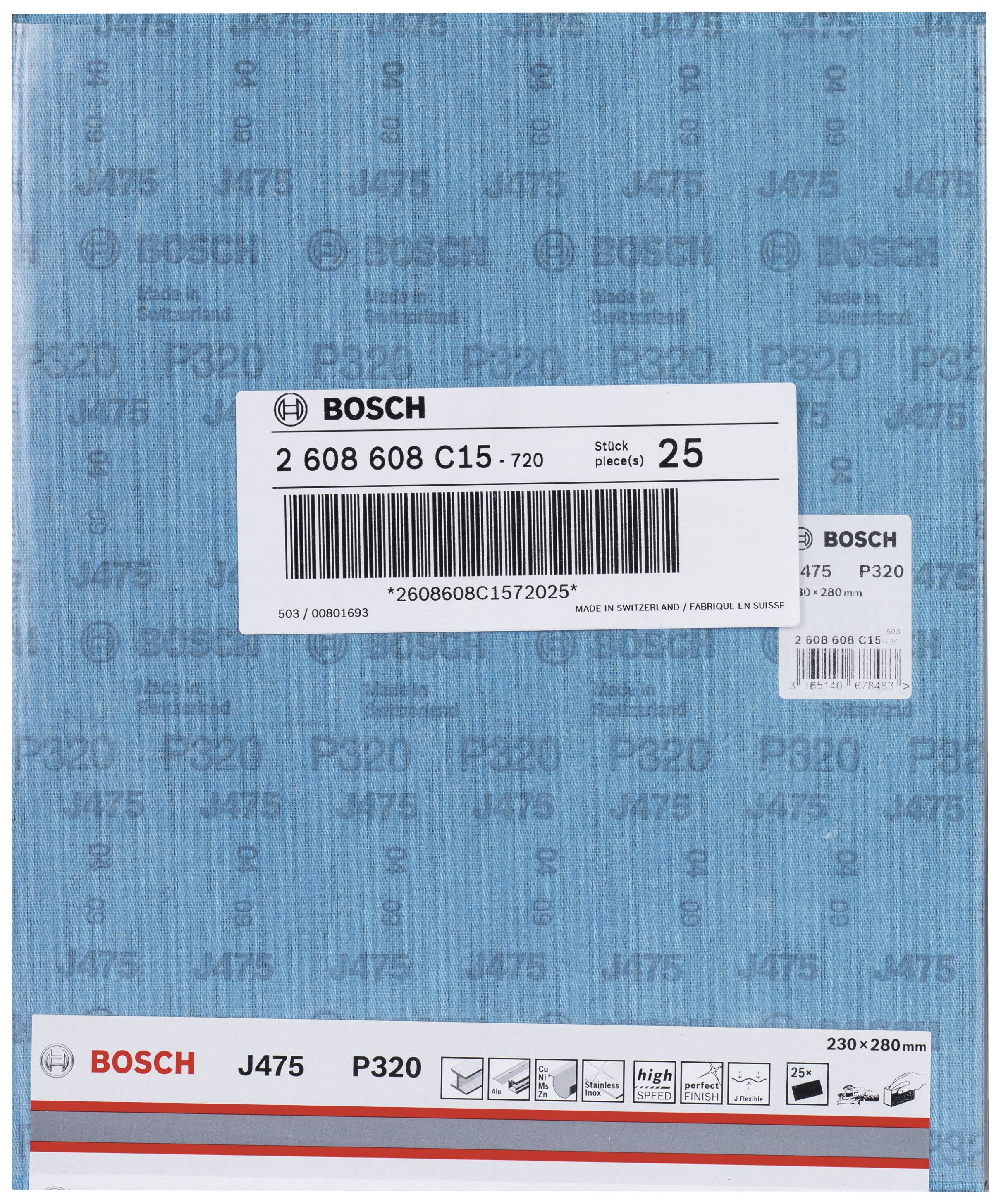 'Bosch Papier abrasif J475, P320, 230x280 mm, 25 feuilles par paquet.' Le papier a un fond bleu et présente le logo Bosch.