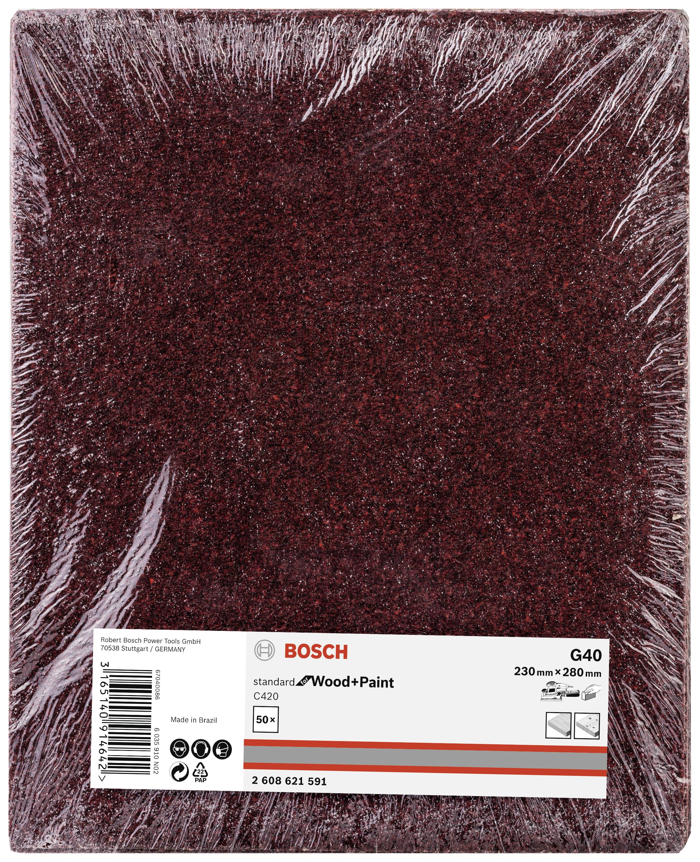 Papier de verre Bosch de couleur rouge-brun, dimension 230 mm x 280 mm, grain 40, conditionné dans un emballage plastique. Adapté aux travaux sur bois et aux travaux de peinture.