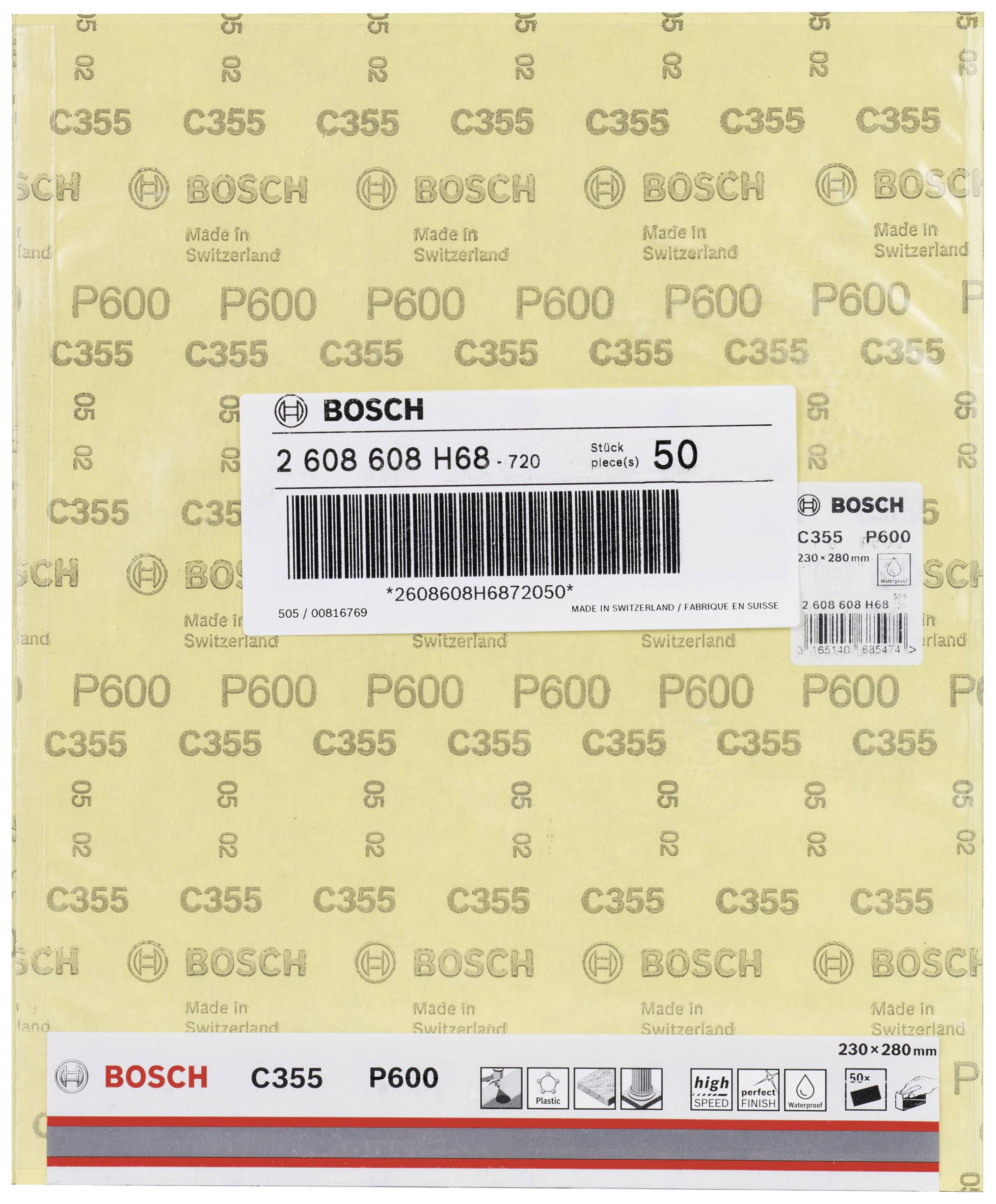 Papier de verre Bosch, modèle C355, grain P600, dimensions 230x280 mm, fabriqué en Suisse. Emballage de 50 feuilles.