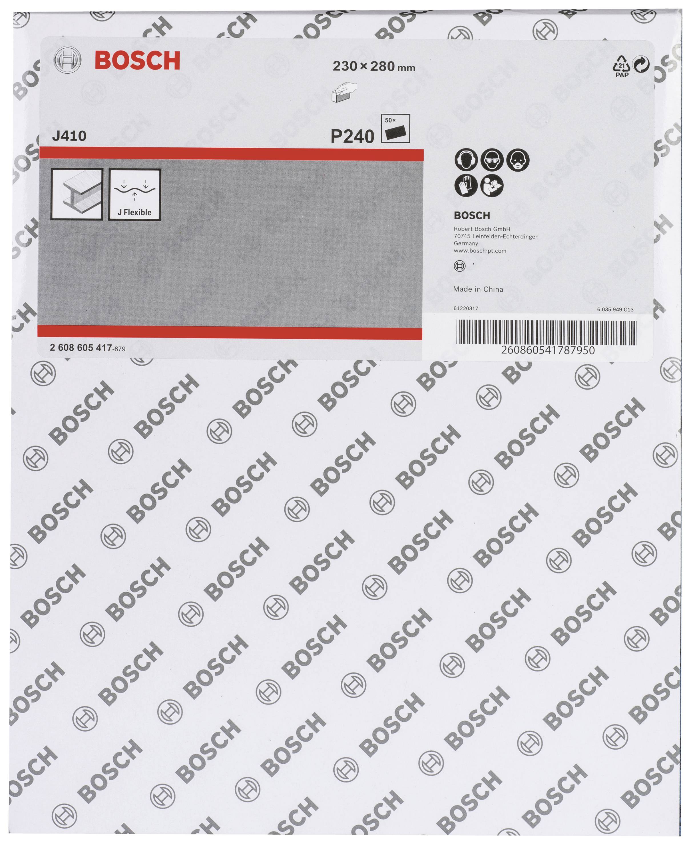 Illustration d'un emballage de papier abrasif Bosch, type J410, grain P240, dimensions 230 x 280 mm, avec des instructions d'utilisation polyvalentes.