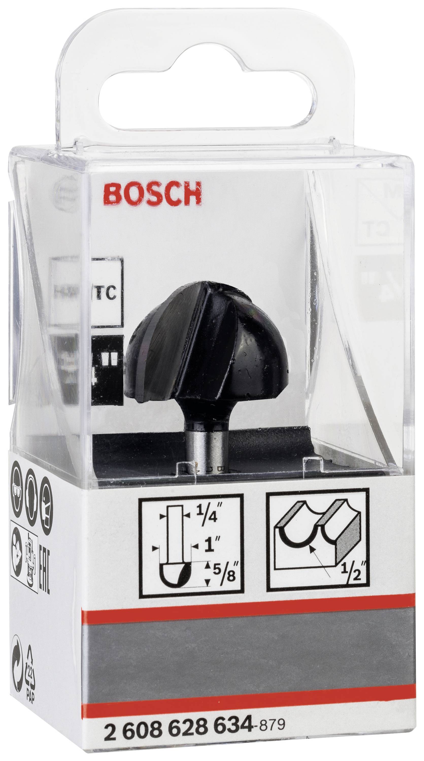 Un embout de fraise de la marque Bosch dans un emballage en plastique transparent, adapté pour le travail du bois avec des spécifications de taille détaillées.