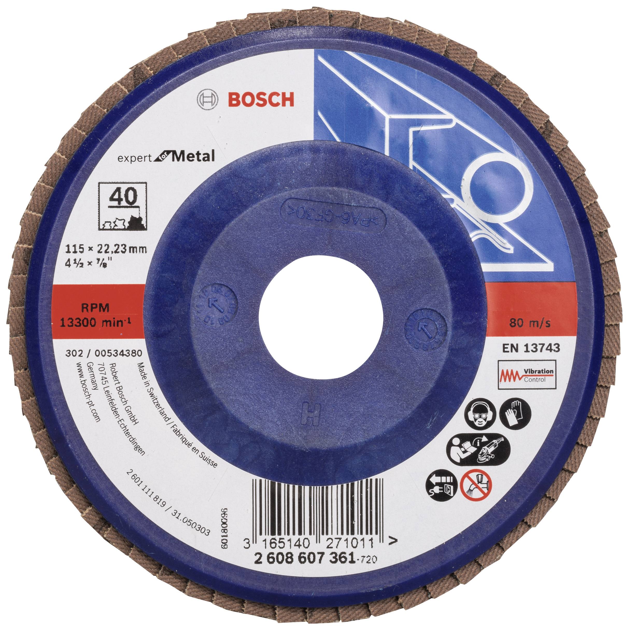 Disque à tronçonner Bosch pour le travail des métaux, 115 mm, 13300 tr/min, certification EN 13743, pictogrammes d'avertissement de sécurité.
