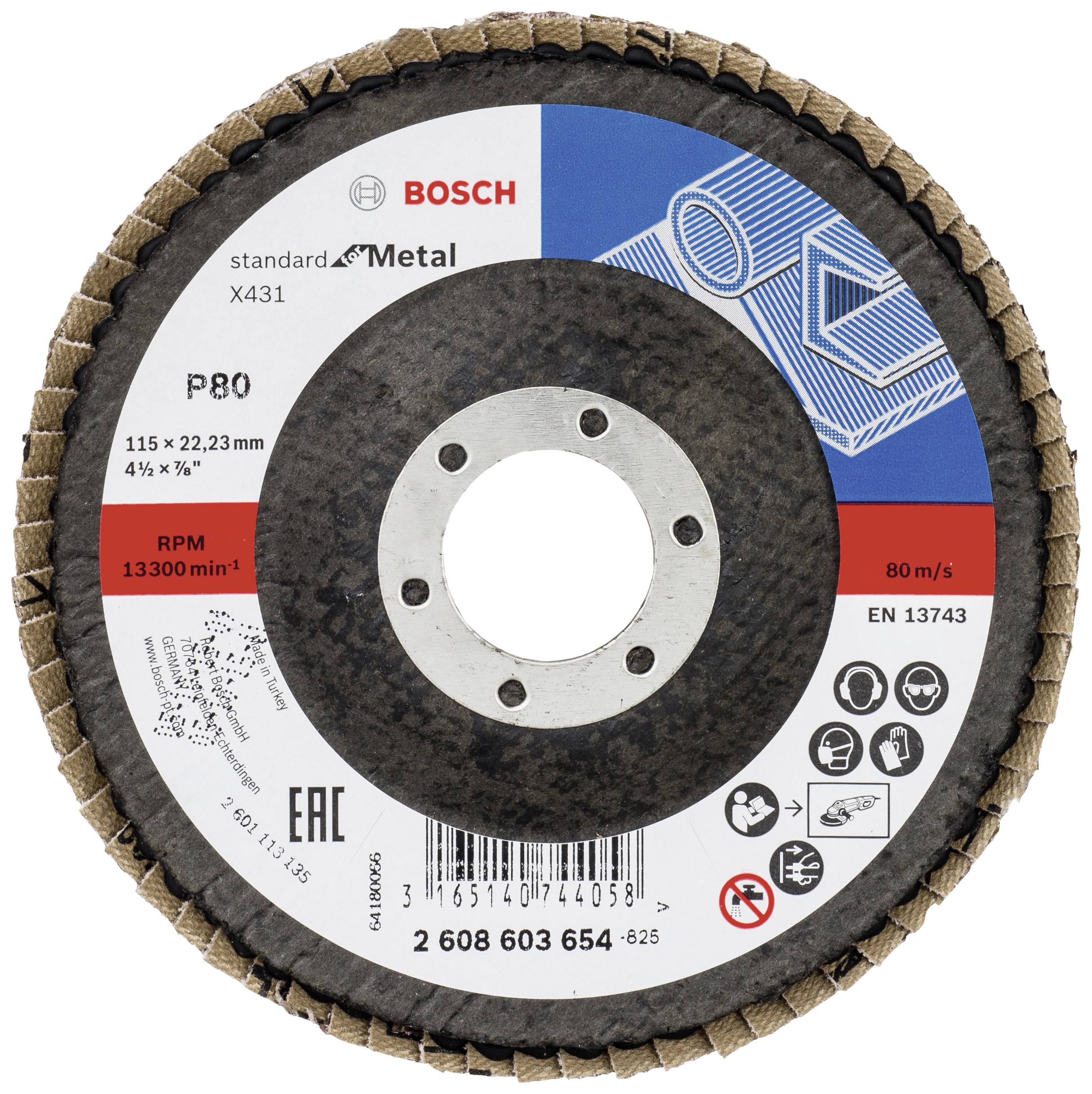 Une feuille abrasive Bosch nommée 'standard for Metal', grain P80, dimensions 115 x 22,23 mm, vitesse de rotation maximale de 13 300 tr/min.