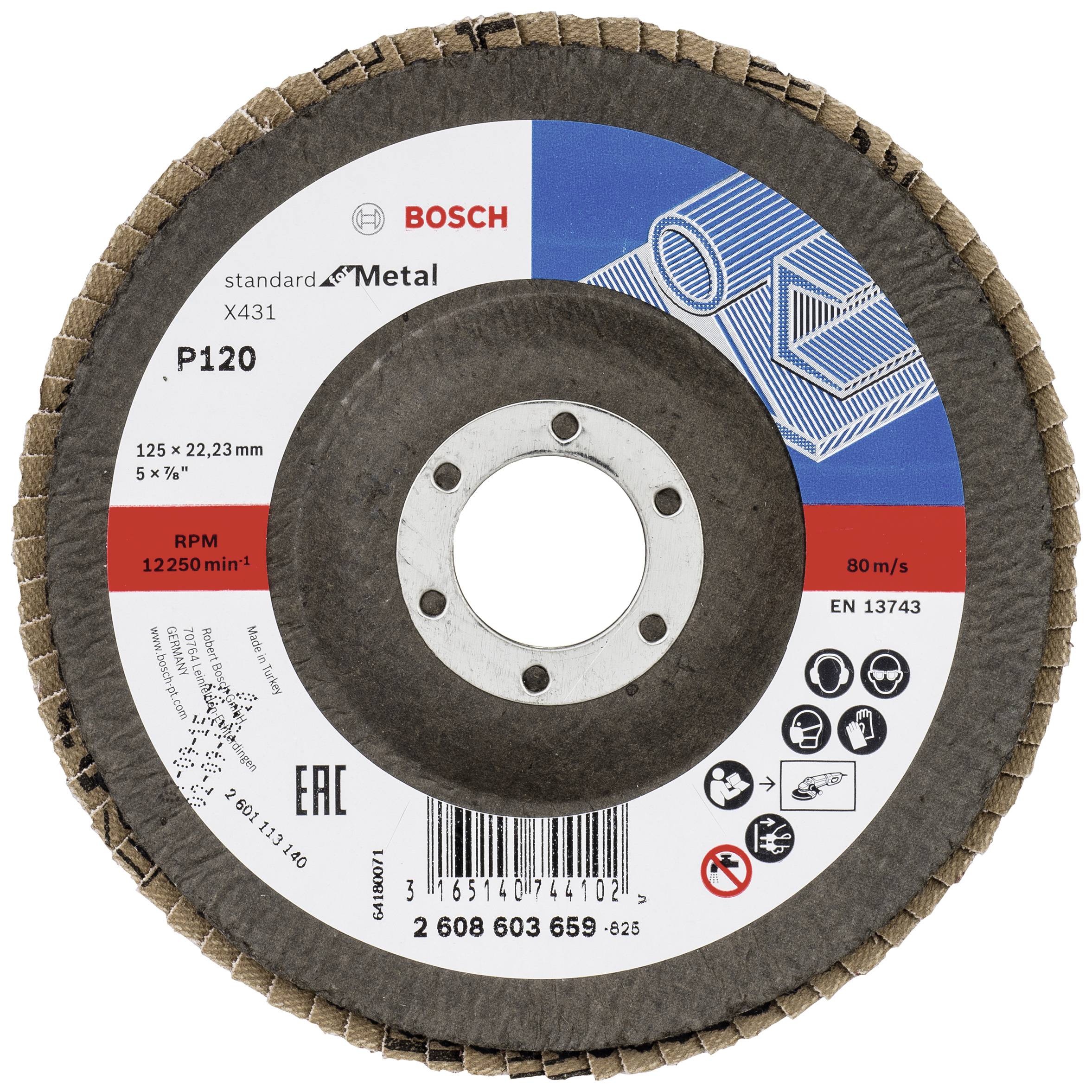 Disque à tronçonner de 125 mm, 80 m/s, pour métal, grain P120, fabricant : Bosch.