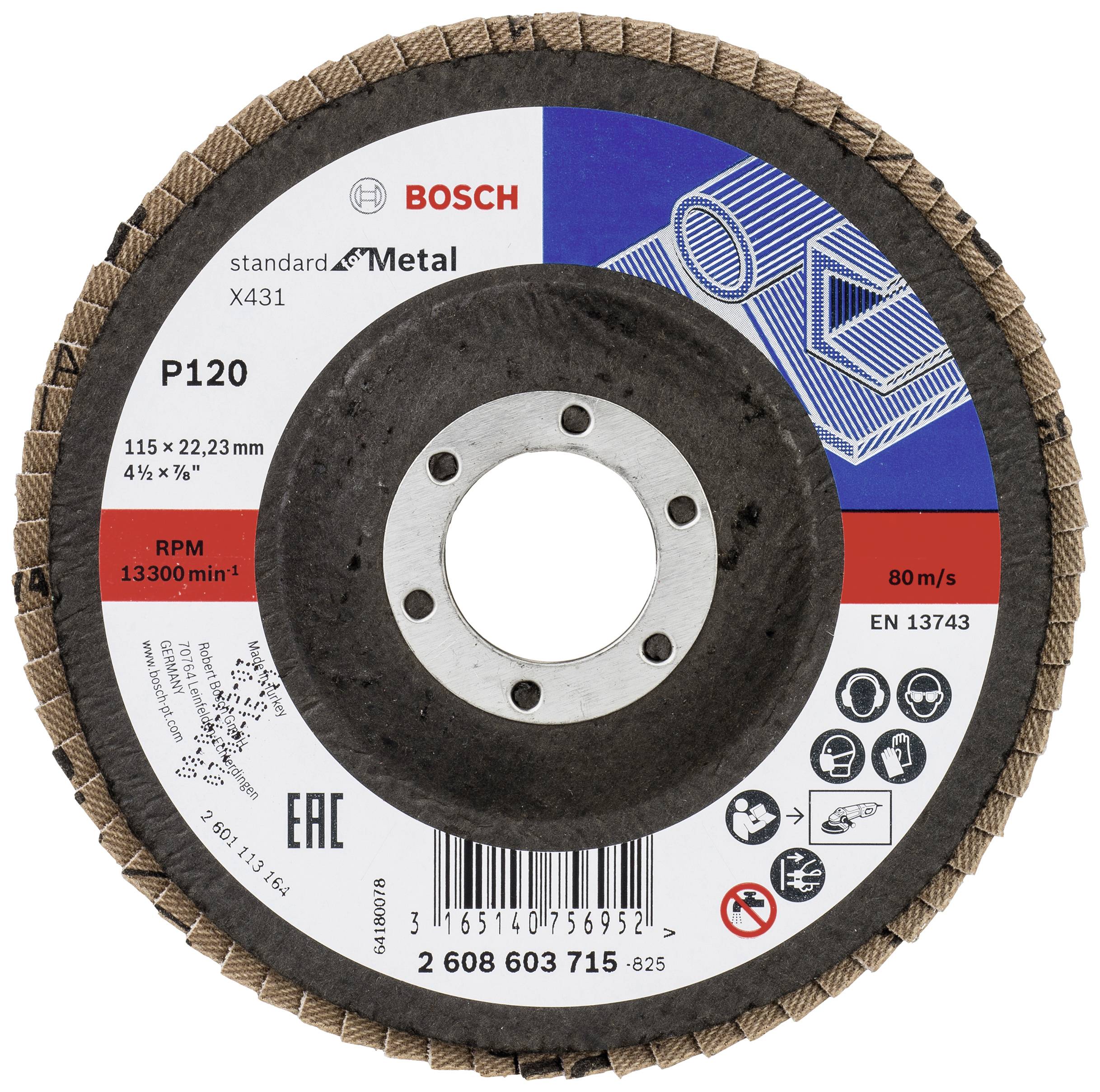 Disque à tronçonner pour métal. Marque : Bosch. Modèle : P120, 115 x 22,23 mm. Vitesse de rotation max. : 13 300 tr/min.
