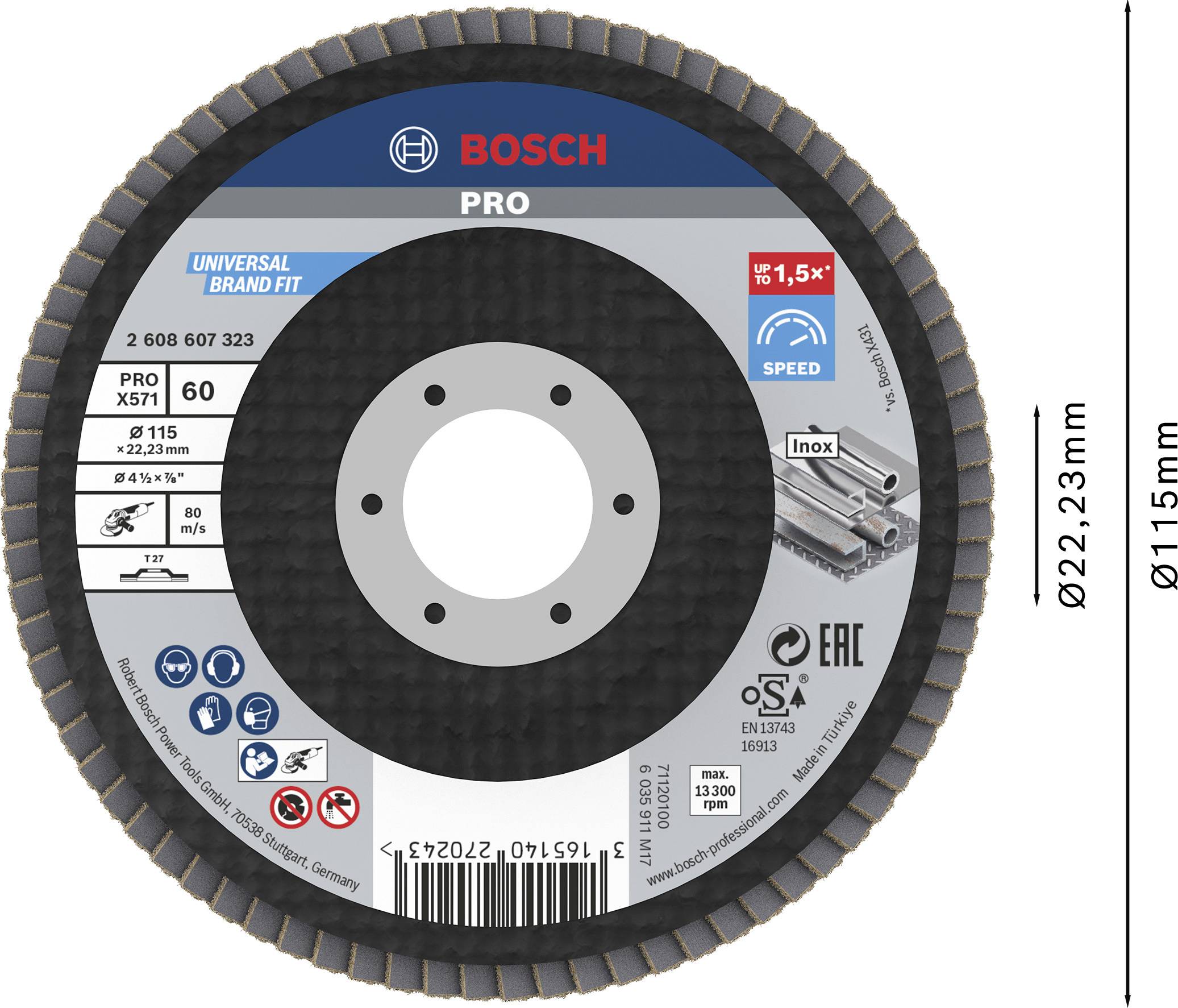 Disque de meulage 'Bosch Pro', diamètre 115 mm, alésage 22,23 mm, adapté pour l'acier inoxydable. L'emballage présente les logos et spécifications.
