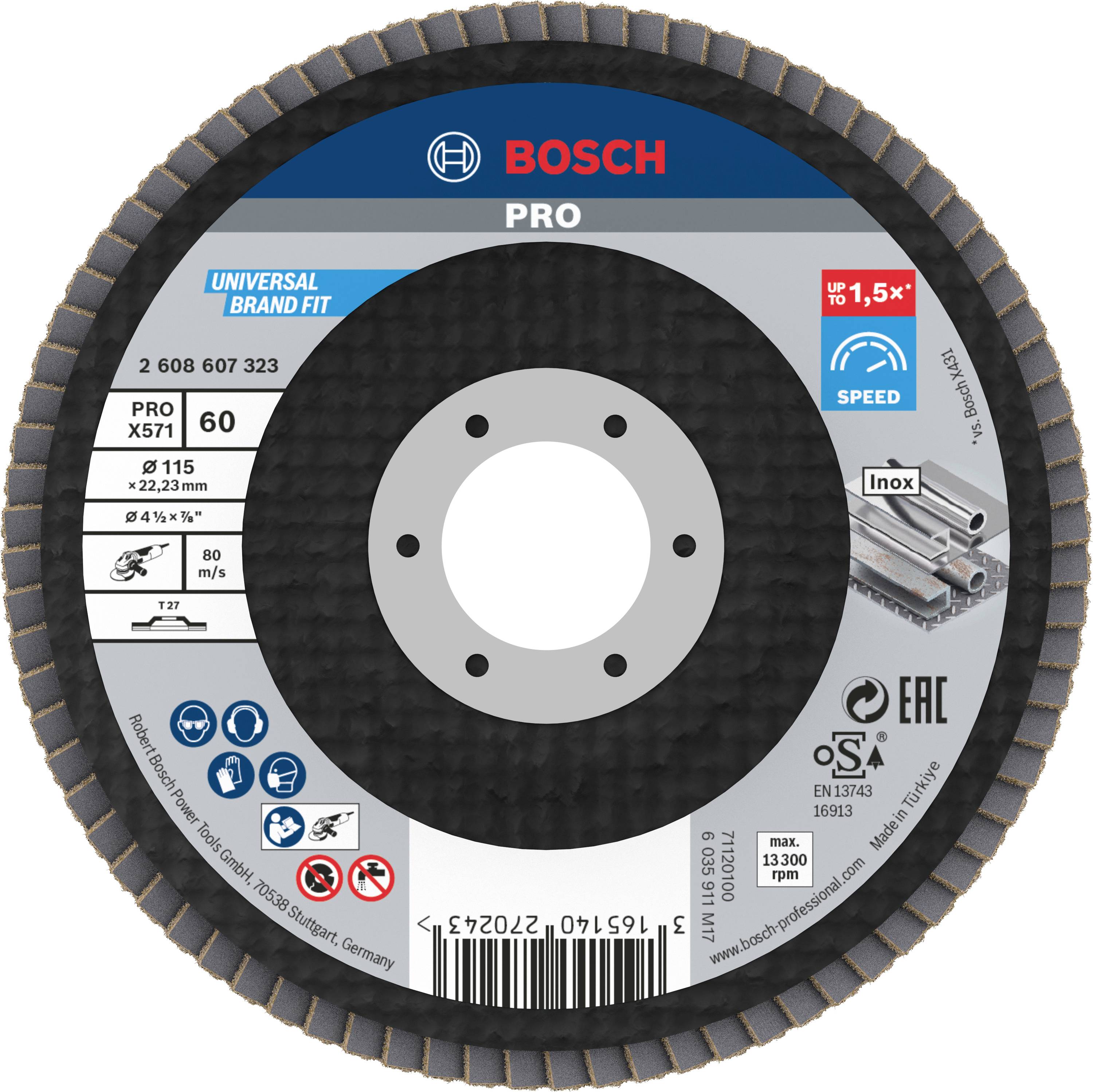 'Disque à lamelles Bosch Pro X571, diamètre 115 mm, grain 60, adapté à l'Inox, vitesse max. 13 300 tr/min, fabriqué en Allemagne.'