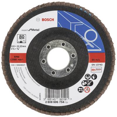 'Disque à tronçonner Bosch Expert for Metal, taille 115 x 22,23 mm, vitesse maximale 13 300 tr/min, 80 m/s. Adapté pour le meulage des métaux.'