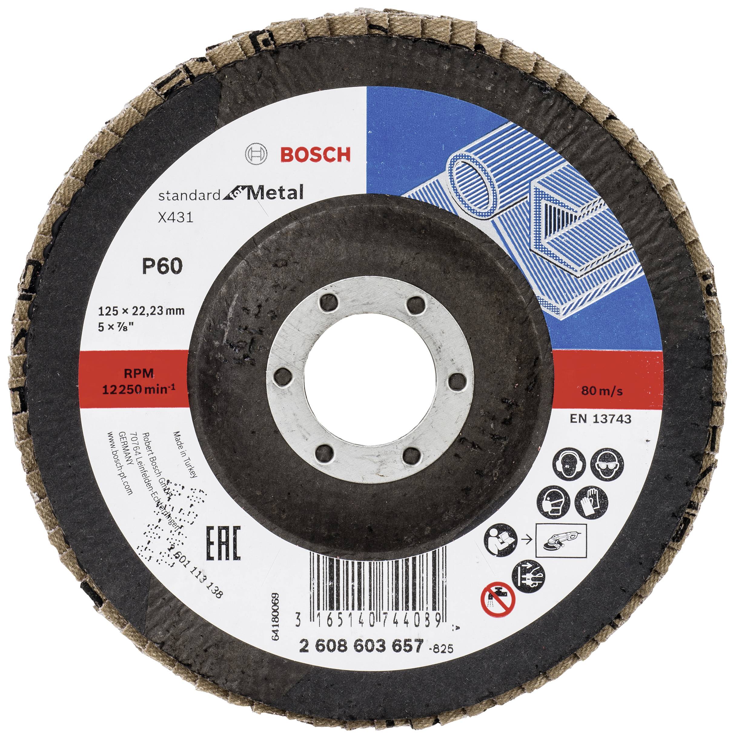 Disque à tronçonner Bosch, modèle X431, pour le travail des métaux. Spécifications : P60, 125 x 22,23 mm, vitesse max. 12250 tr/min, EN 13743.