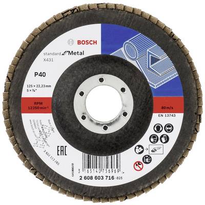 Disque à tronçonner de la marque Bosch pour l'usinage des métaux, modèle P40, diamètre 125 mm, alésage 22,23 mm, vitesse maximale 80 m/s.