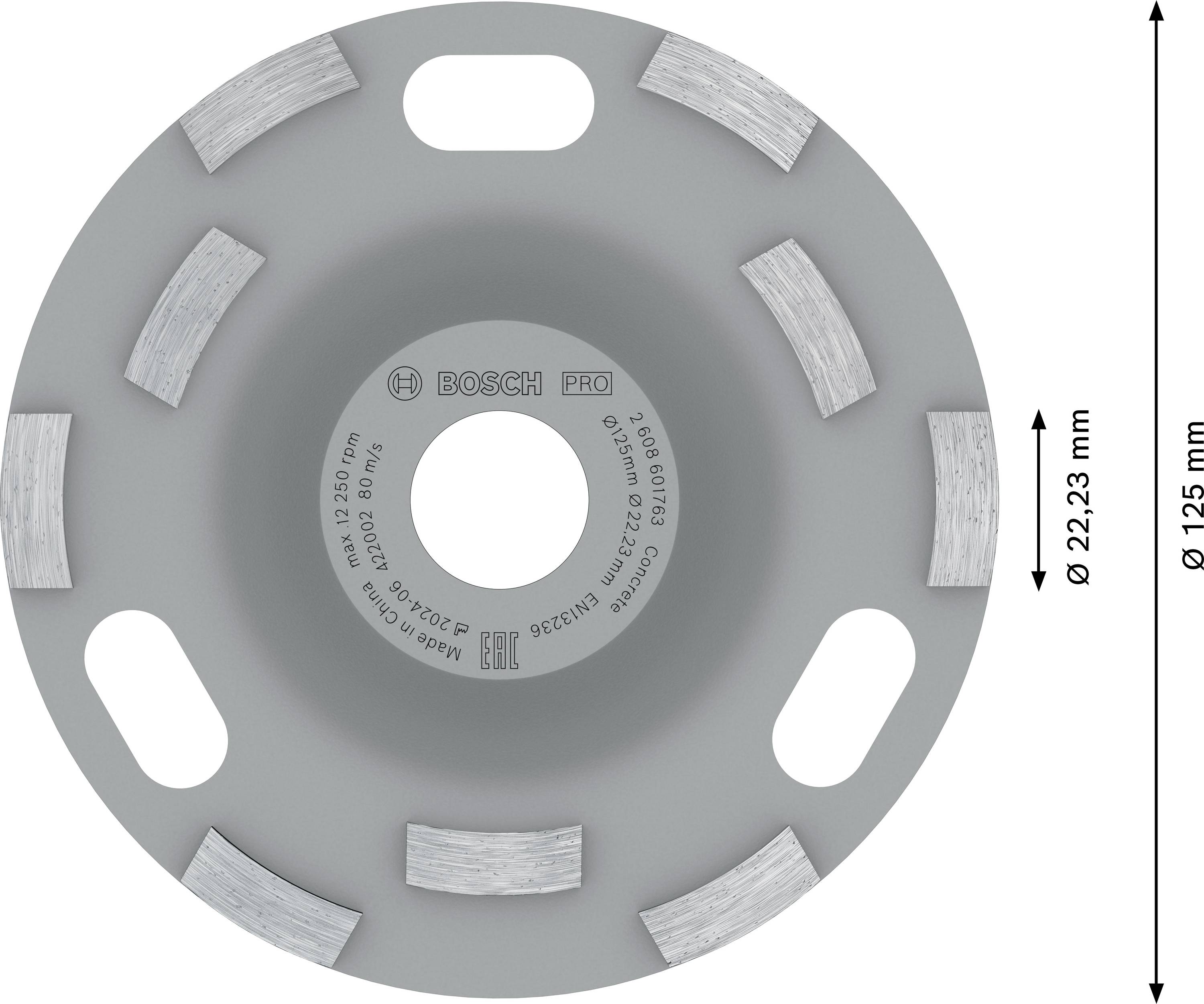 Un disque de meulage rond Bosch Professional pour béton d'un diamètre de 125 mm et d'un alésage de 22,23 mm.