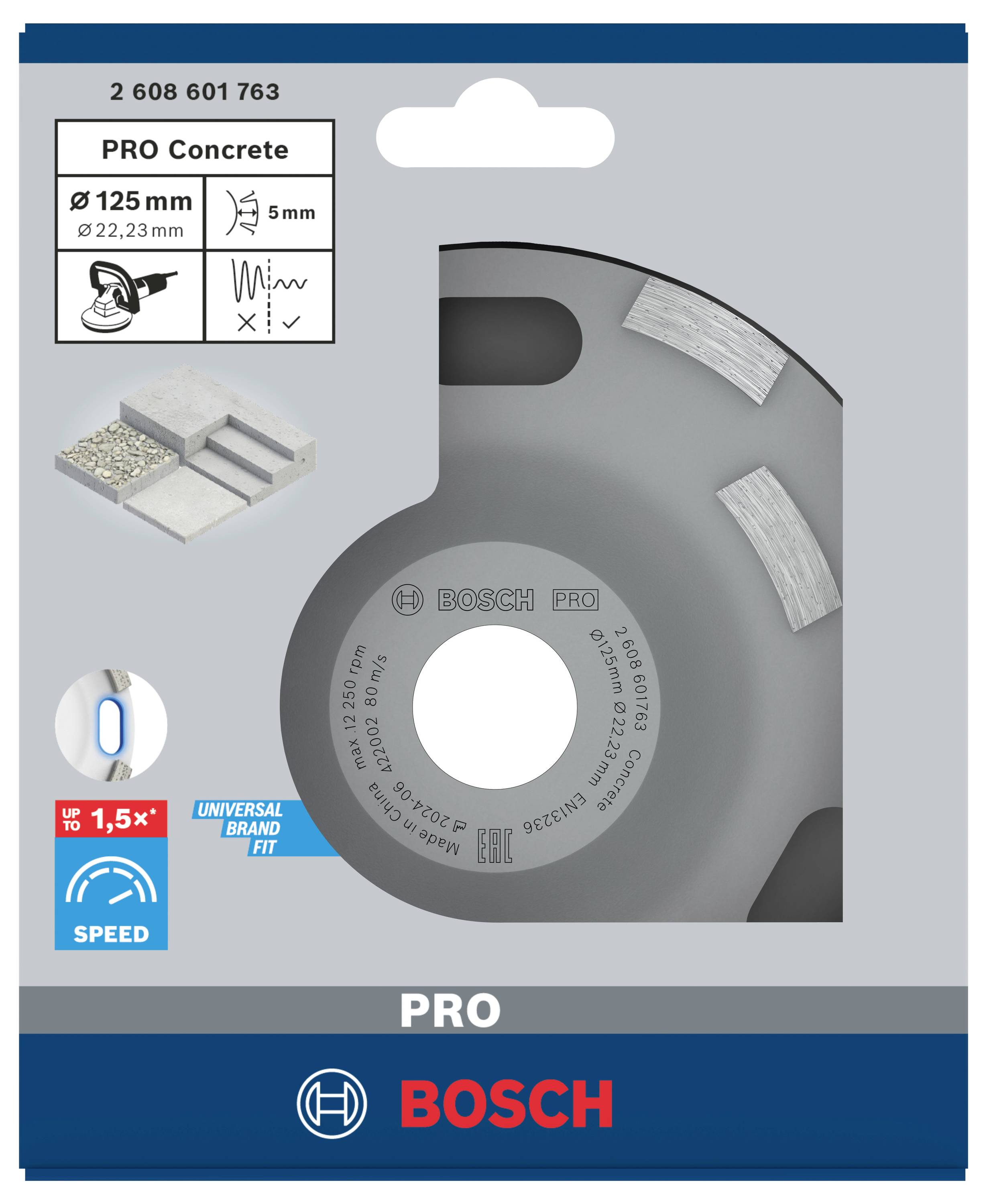 Emballage d'un disque de tronçonnage béton Bosch PRO. Diamètre : 125 mm. Profondeur de coupe : 5 mm, adapté pour le béton. Vitesse de coupe accrue.