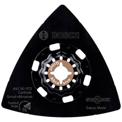 Embout triangulaire de ponçage avec logo Bosch, 'AVZ 90 RT2', pour joints et abrasion. 'Carbide Grout Abrasive', produit en Suisse.