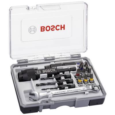 Coffret d'outils Bosch en plastique ouvert, contenant des embouts de tournevis, des forets, un adaptateur de bits et une clé à molette.