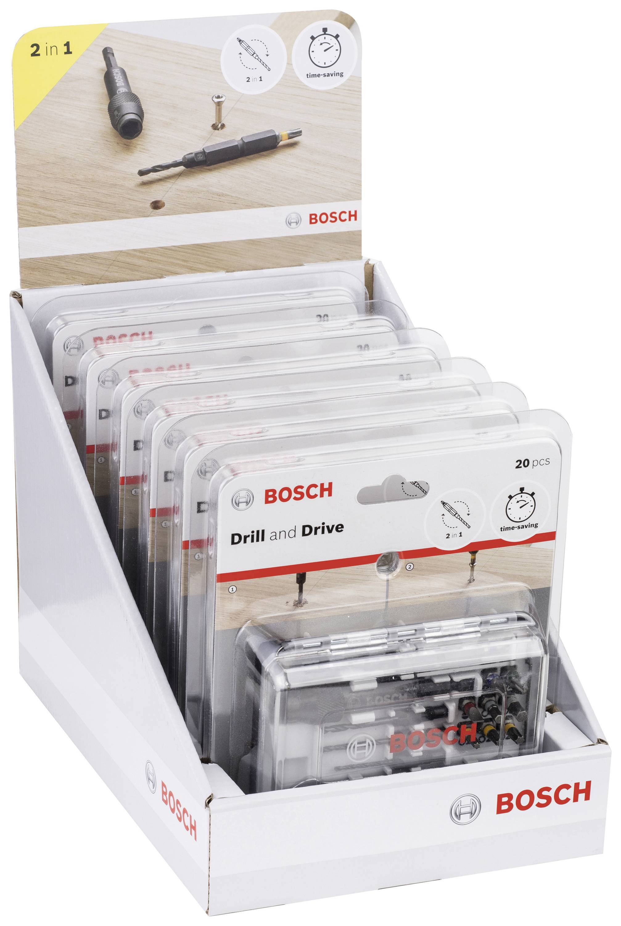 Ensemble d'outils Bosch pour percer et visser. Comprend 20 pièces dans un carton d'exposition avec une image montrant les différentes utilisations.