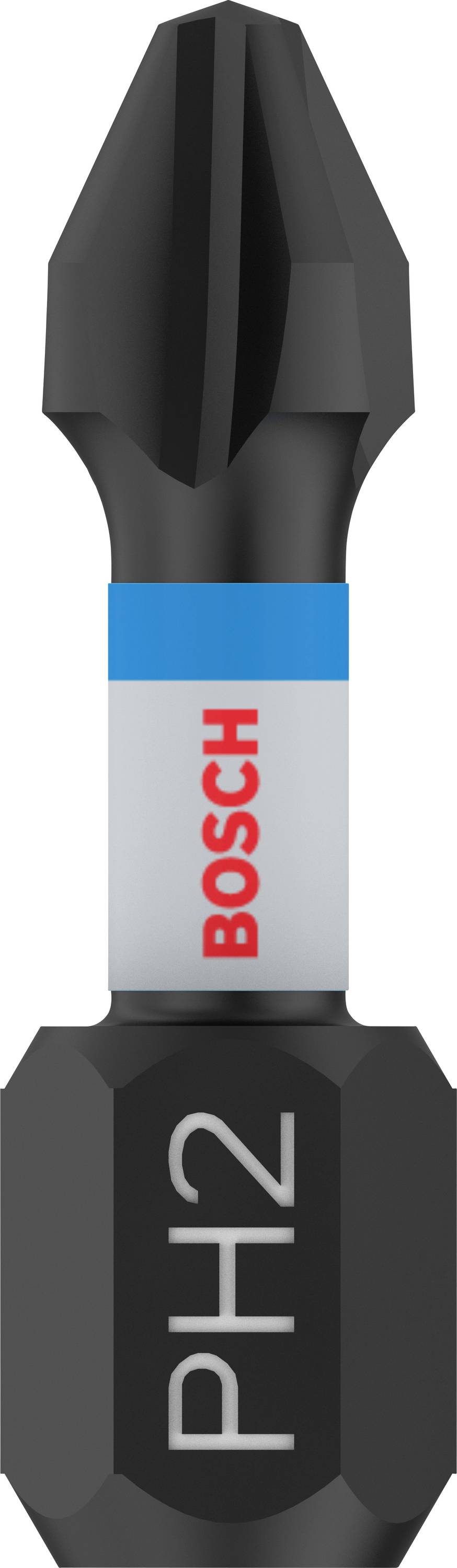 Un embout de tournevis à profil cruciforme Phillips PH2 de marque Bosch, sur un fond gris. Idéal pour les travaux de vissage.