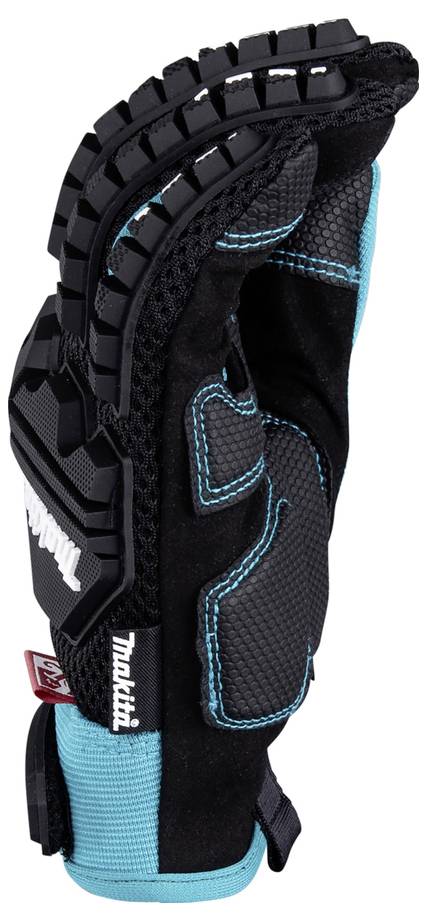 Un gant de travail Makita noir et bleu-canard avec rembourrage renforcé aux articulations, présenté isolé sur fond blanc.