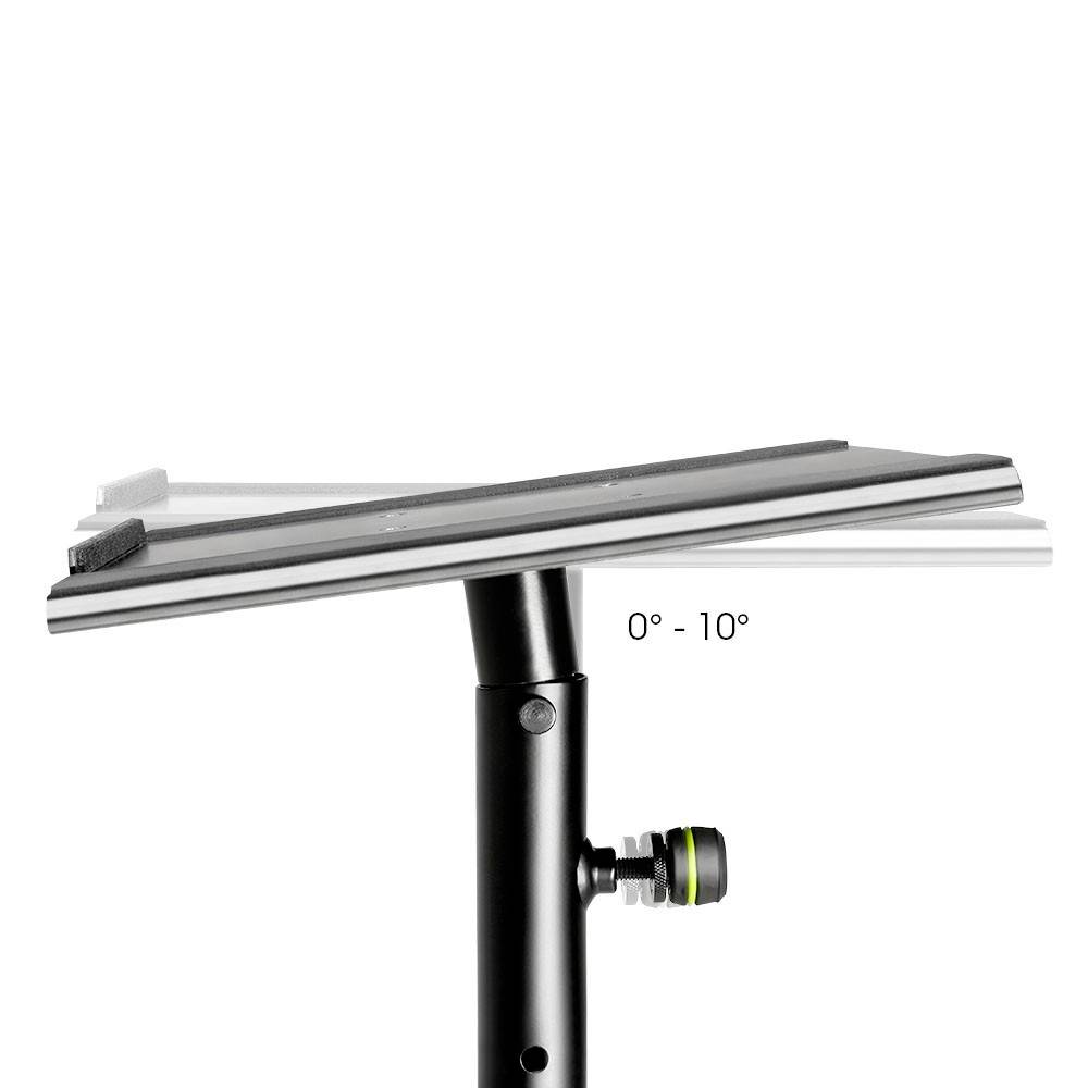 Un support réglable inclinable de 0° à 10°. Les composants principaux sont une base noire et une plateforme orientable.
