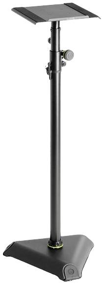 Support de haut-parleur noir, réglable en hauteur, avec base triangulaire et surface antidérapante, adapté à différentes configurations.