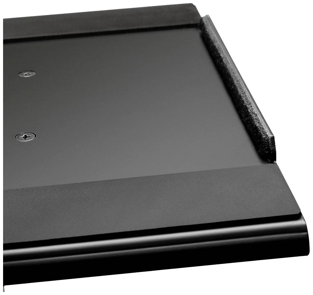 Repose-clavier noir avec des supports de poignets rembourrés, deux vis visibles sur la surface.