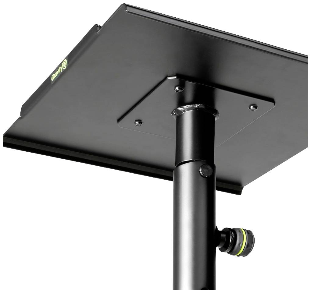 Un support de moniteur noir avec une hauteur réglable et des touches vertes, adapté pour soutenir des écrans ou des haut-parleurs.