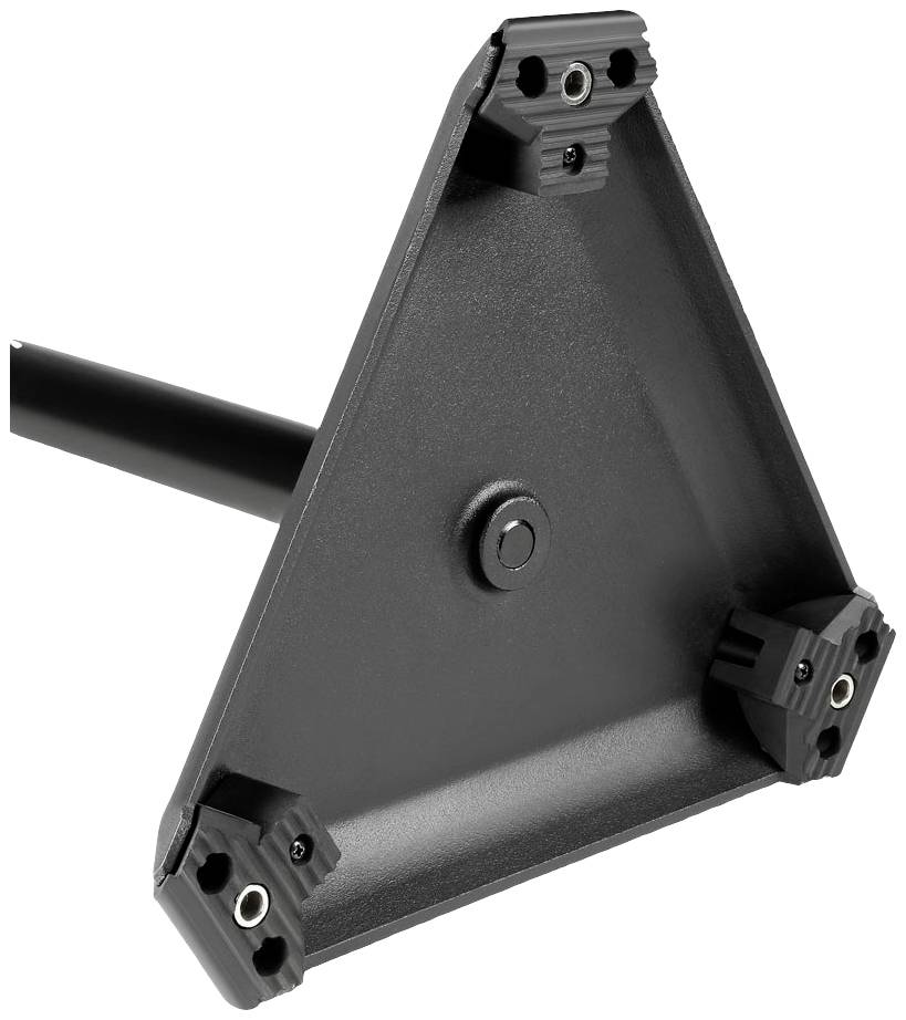 Pied noir en plastique triangulaire d'une chaise de bureau, muni de trois encoches pour la fixation des roulettes.