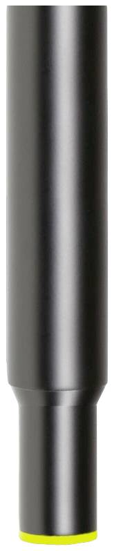 Objet métallique cylindrique noir à surface lisse. Plus large en haut, plus étroit en bas. Bord inférieur marqué en jaune.
