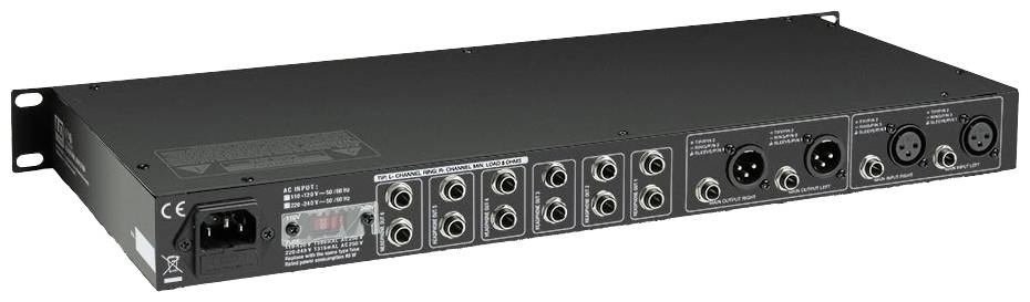 Mixeur de rack audio noir avec différentes options de connexion, comprenant des entrées XLR et jack. Vue arrière.
