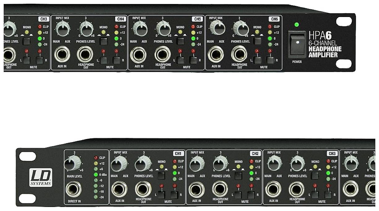 Amplificateur de casque à six canaux avec connexions et réglages permettant l'ajustement individuel du volume par canal.