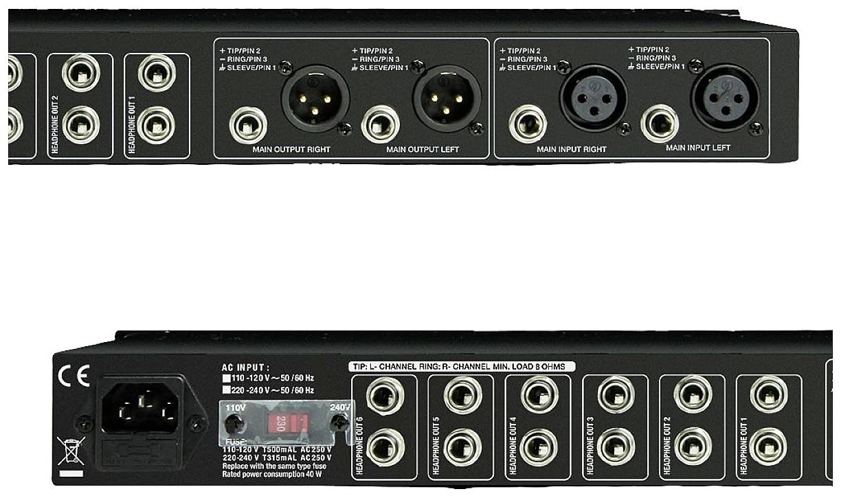 Arrière d'un appareil audio avec plusieurs entrées et sorties, des connecteurs XLR et des prises jack, ainsi qu'un port d'alimentation secteur.
